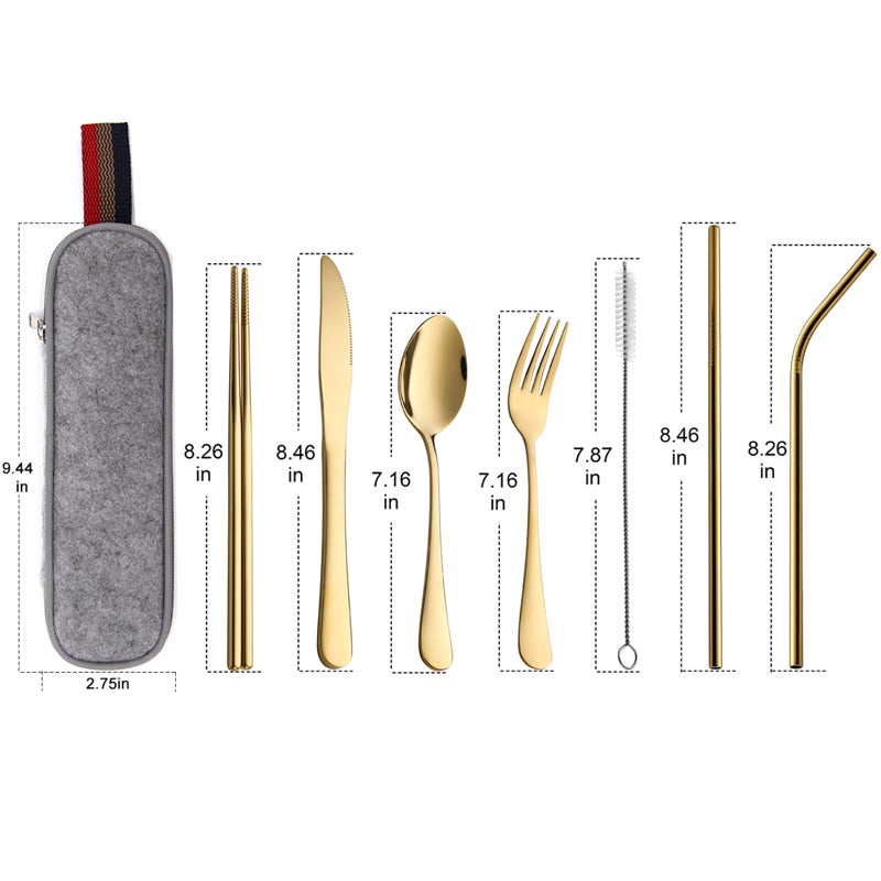 DEVICO Portable Utensils, Travel Camping Cutlery Set, 8-Piece including Knife Fork Spoon Chopsticks Cleaning Brush Straws Portable Case, Stainless Steel Flatware set (Gold) - Image 2